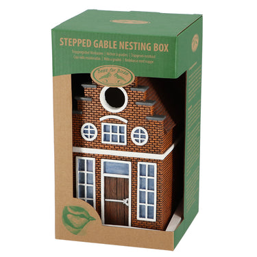huisje voor vogel in de stijl van een trapgevel grachtenpand in doos