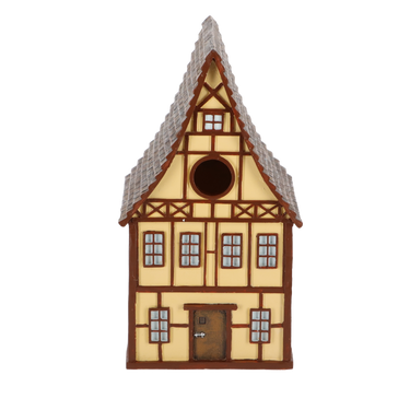 geel vakwerk vogel huis voorkant