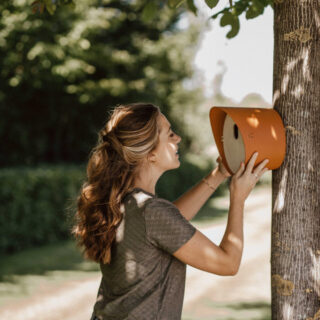 vrouw hangt vogel huis met ovalen opening van bruin kunststof in boom