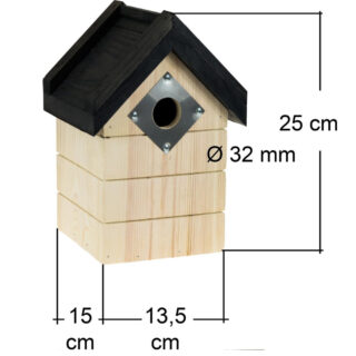 vogel huis met zwart dak en een invlieggat met beschermplaat met afmetingen