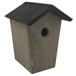 grijs houten vogel huisje met zwart dakje