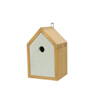 Houten vogel huis met grijze voorkant