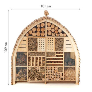 Groot insectenhotel met afmetingen erbij