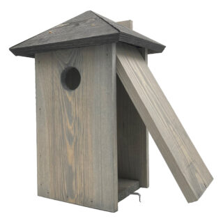 grijs vogelhuisje met zwart puntdak