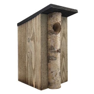 vogelhuisje van gevlamd hout met berkenstrip