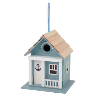 blauw cottage stijl vogelhuisje aan touw