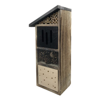 zwart grijs insectenhotel met schuin dak